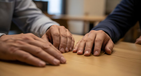 A close-up shot of two men's hands resting on a wooden table, facing each other. The body language suggests a serious discussion, meeting, interview, or a difficult conversation.の素材