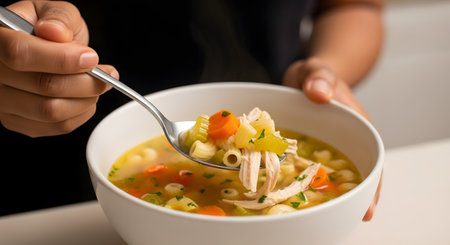 A close-up of a person holding a spoonful of hot chicken noodle soup, lifting it from a white bowl. The soup is filled with chicken, carrots, celery, and pasta, and is a symbol of comfort and healing.の素材