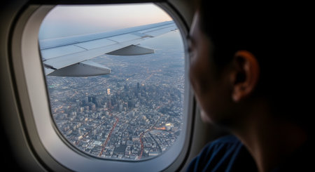 An over-the-shoulder view from inside an airplane, showing a passenger's silhouette looking out the window. The airplane wing is visible over a sprawling, illuminated city at dusk or dawn.の素材
