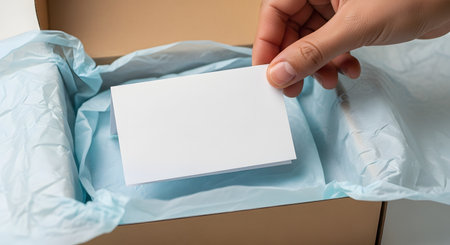 A hand places a blank white card or note into an open cardboard box filled with light blue tissue paper. This image is a mockup for a gift, package, or unboxing experience, with copy space on the card.の素材