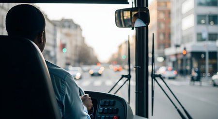 An over-the-shoulder view from behind a bus driver as they navigate through city traffic. The driver's focus is on the road ahead, showing a typical day in public transportation.の素材