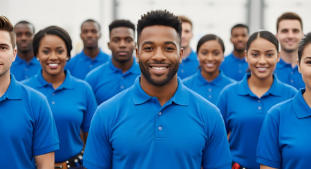 A diverse team of service workers in matching blue polo shirts stands together, looking at the camera. A smiling African American man is in the foreground, with male and female colleagues of various ethnicities blurred behind him.の素材