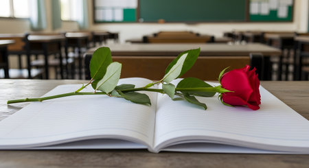A single, long-stemmed red rose lies across the pages of an open, blank notebook on a wooden desk. The background is a blurred, empty classroom with rows of desks and a chalkboard. This image represents Teacher's Day, appreciation, education, or romance in school.の素材