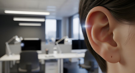 A macro close-up of a person's ear, with a slight light flare, against a blurred background of a modern, empty office. The image suggests concepts like listening, eavesdropping, or ambient sound in the workplace.の素材