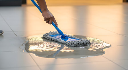 A person's hand uses a blue string mop to clean up a water spill from a light-colored tiled floor. The floor is reflective, and the action is focused on cleaning the puddle.の素材