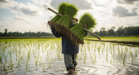 A farmer wades through a flooded rice paddy field, carrying a large bundle of green rice seedlings over their shoulder on a wooden pole. The image represents traditional agriculture, farming, and the hard work of food production in Asia.の素材