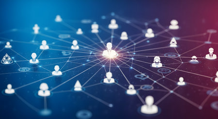 A digital visualization of a social or business network, with a central glowing icon of a person connected by light beams to many other user icons. The image represents connectivity, leadership, community, data, and global communication.の素材