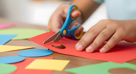 A close-up of a child's hands using small, blue safety scissors to cut shapes out of red construction paper. Colorful paper shapes (blue, yellow, green) are scattered on the wooden table, representing arts and crafts.の素材