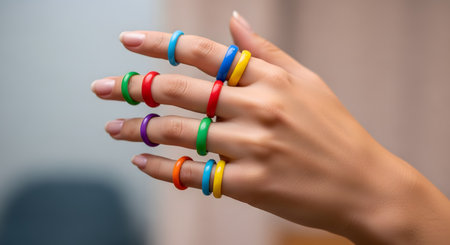 A close-up of a woman's hand with a neat manicure, wearing multiple colorful, simple rings on every finger. The rings are in rainbow colors (red, orange, yellow, green, blue, purple), suggesting playfulness, fashion, or pride.の素材