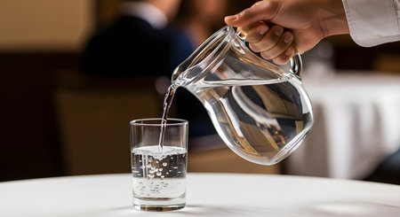 A waiter's hand in a white shirt sleeve is pouring fresh, clear water from a glass pitcher into a tall drinking glass on a white tablecloth. The setting appears to be an elegant restaurant.の素材