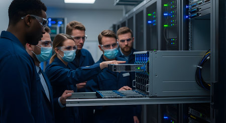 A diverse team of IT technicians in a data center, wearing safety goggles and masks, gathered around a server rack. A female engineer is pointing to a server blade, indicating teamwork, maintenance, or training.の素材