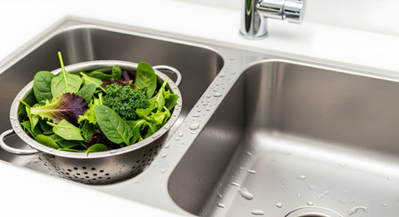 A stainless steel colander filled with a variety of fresh, washed salad greens sits in one basin of a clean, modern double kitchen sink. The image promotes healthy eating, food safety, and meal preparation.の素材