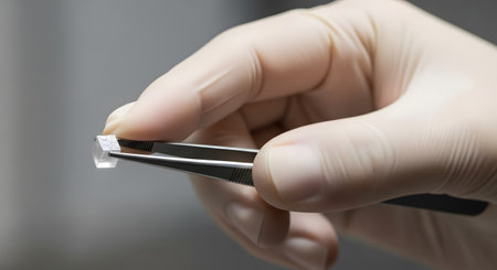 A close-up shot of a hand in a white latex glove, using metal tweezers to hold up a small, rough, uncut crystal or diamond. The image suggests a laboratory, scientific inspection, geology, or jewelry grading.の素材