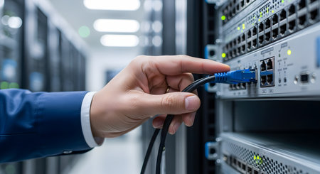 A close-up of an IT technician's hand, wearing a business suit, plugging a blue ethernet network cable into a switch or server rack in a data center. The server lights are on, indicating an active data connection.の素材