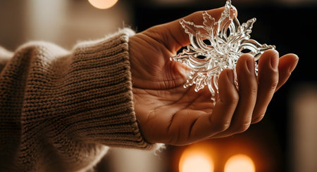 A close-up of a person's hand, wearing a cozy knit brown sweater, holding a beautiful, intricate glass snowflake ornament. The background is warm with soft, blurred bokeh lights, creating a festive and cozy holiday atmosphere.の素材