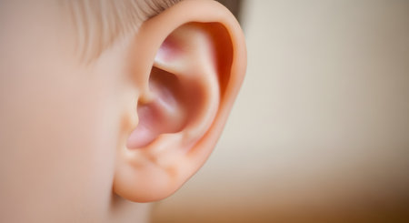 A detailed macro close-up shot of a small child's ear, showing the intricate folds and shape of the outer ear. The image relates to hearing, anatomy, senses, listening, and childhood.の素材