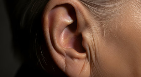 A macro close-up of an elderly person's ear, showing the wrinkles, skin texture, and fine grey hairs. The lighting is dramatic, highlighting the details of the aging skin.の素材