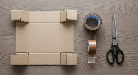 A top-down, flat-lay view of packing supplies on a wooden desk. An unfolded cardboard box, a roll of brown packing tape, and a pair of black scissors are neatly arranged. This image represents moving, shipping, or e-commerce.の素材