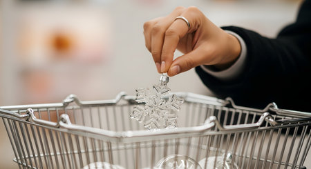 A close-up of a person's hand placing a delicate, glass snowflake ornament into a small metal shopping basket. The image, set in a store, represents holiday shopping and decorating for Christmas.の素材