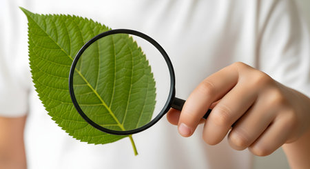 A child's hand in a white shirt holds a magnifying glass over a large, detailed green leaf, inspecting its veins. The image symbolizes curiosity, science, botany, education, and environmental discovery.の素材