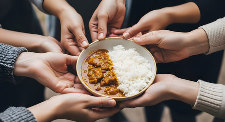 Many hands are seen holding and reaching for a single white bowl filled with rice and curry. The image strongly symbolizes sharing, community, food aid, poverty, hunger, and charity.の素材