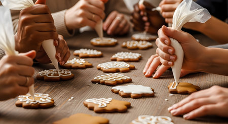 A group of people's hands are seen decorating gingerbread cookies with white royal icing using piping bags. The cookies are on a rustic wooden table, capturing a fun, collaborative holiday activity like a cookie decorating party.の素材