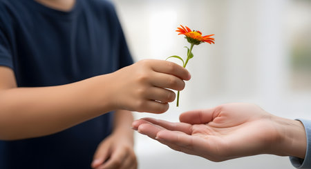 A close-up shot of a child's hand gently giving a single orange flower to an adult's open, receptive hand. The image captures a pure moment of giving, kindness, innocence, and generosity.の素材