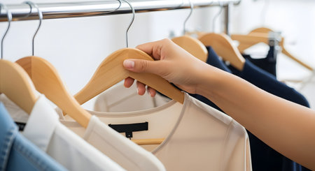 A close-up of a woman's hand browsing through clothes on a metal clothing rack. She is holding a wooden hanger with a beige blouse, surrounded by other garments.の素材