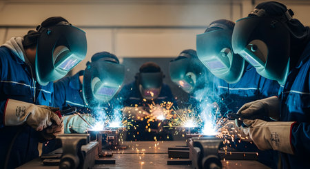 A group of welders in a workshop, all wearing protective masks and uniforms, are actively welding metal. Bright orange sparks fly as they work, illustrating industrial skills, manufacturing, and teamwork in a vocational training or factory setting.の素材