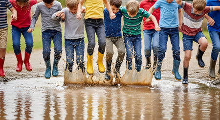 A group of young boys, wearing colorful rain boots, jump in a line into a large muddy puddle, creating a big splash. They are outdoors, having fun and enjoying a carefree childhood.の素材