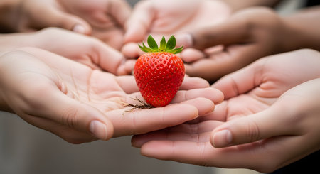 A group of cupped hands, both adult and child, are gathered together to hold a single, perfect, ripe red strawberry. The image symbolizes sharing, community, freshness, health, and offering a precious gift from nature.の素材