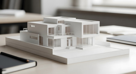 A detailed white architectural model of a modern, two-story house with large windows and a balcony sits on a desk in an office. The image represents architecture, real estate, property development, and interior design planning.の素材