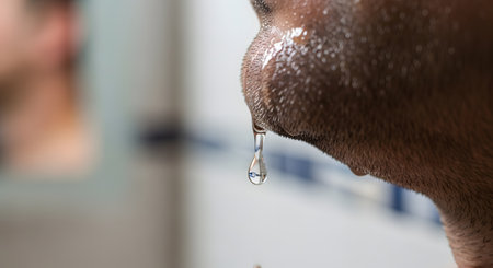 A macro, close-up shot captures a single drop of water about to fall from the chin of a man with stubble. The focus is on the droplet, highlighting concepts of water, hydration, sweat, or washing.の素材