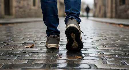 A close-up, low-angle shot focuses on the legs of a person walking on a wet, reflective cobblestone street. The person wears casual jeans and sturdy walking shoes; the background is blurred, suggesting a cool, damp day in an old European city.の素材