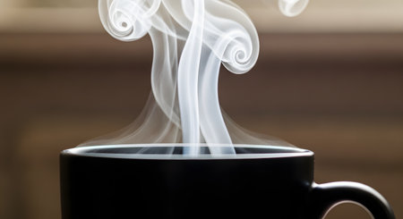 A close-up shot captures intricate swirls of white steam rising from the rim of a black coffee mug, set against a soft, blurred background. The image evokes warmth, a fresh hot beverage, and a cozy morning.の素材