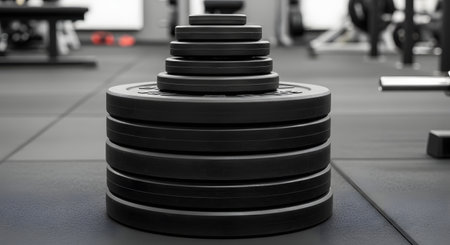A tightly focused shot shows a tall, neat stack of black rubber Olympic barbell weight plates of various sizes in a gym environment. The plates rest on a black rubber floor, conveying concepts of strength, fitness, and consistent exercise.の素材