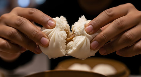 A close-up of two hands breaking open a soft white steamed bun (baozi), revealing the savory meat filling inside. The image highlights the texture of the bun and the traditional Asian food, likely at a restaurant.の素材