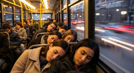Passengers sleeping on a public bus during a night commute. Two women in the foreground are leaning against each other and the window, asleep. The city lights outside are blurred, indicating motion.の素材