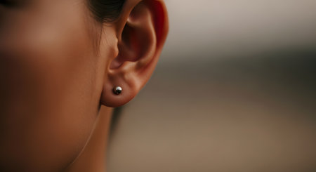 An extreme close-up, macro shot of a woman's ear, showing the earlobe pierced with a simple, small, silver ball stud earring. The image is in warm, soft light with a shallow depth of field, blurring the background.の素材