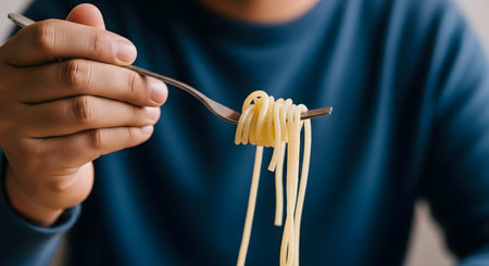 A close-up shot of a man in a blue sweater, twirling plain spaghetti noodles onto a fork. The focus is on the hand and the fork, highlighting the act of eating. This image represents food, pasta, and a simple meal.の素材
