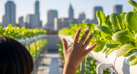 A child's hand reaches out to touch fresh green lettuce growing in a rooftop hydroponic garden. In the blurred background, a modern city skyline is visible under a clear sky. This image represents urban farming, sustainability, and education.の素材