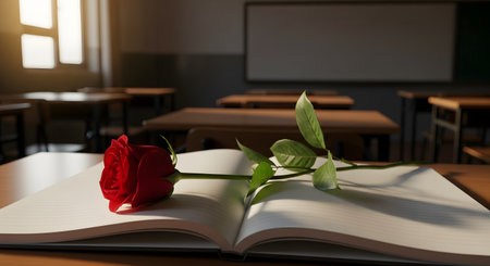 A single, elegant red rose rests on the pages of an open, blank notebook on a desk in an empty classroom. The soft lighting from a nearby window creates a sentimental and nostalgic atmosphere, suggesting a gift for a teacher or a student romance.の素材