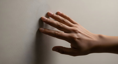 A close-up, softly lit image of a woman's hand gently touching the smooth, textured surface of a plain, light-colored wall. The image conveys a sense of touch, texture, sensation, and connection.の素材