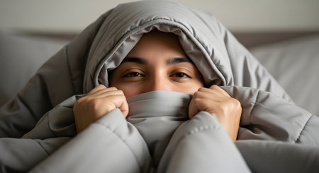 A close-up of a woman in bed, pulling a thick grey comforter or weighted blanket over her head and up to her eyes. She is peeking out with just her eyes visible, looking at the camera, suggesting she is cold, shy, or cozy.の素材