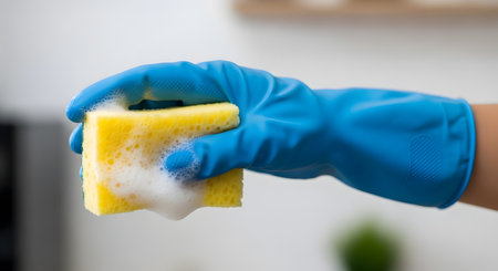 A close-up shot shows a hand wearing a blue rubber glove holding a yellow, porous sponge saturated with white cleaning foam or suds. The background is a blurred domestic or kitchen environment.の素材