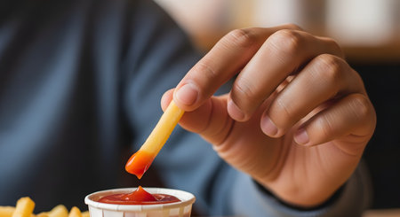 A close-up of a person's hand dipping a golden french fry into a small paper cup of ketchup. The background is blurred, focusing on the action of eating fast food.の素材
