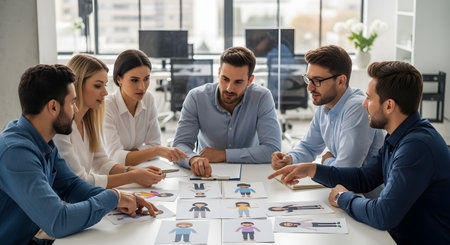 A team of six creative professionals is gathered around a table in a modern office, actively discussing and pointing at printed character designs. This image represents teamwork, collaboration, brainstorming, and the creative process in design or animation.の素材