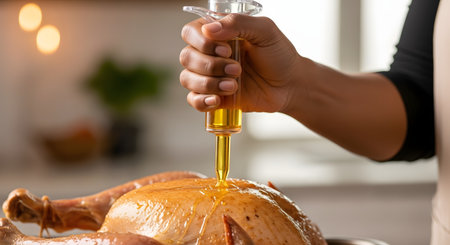 A close-up of a person's hand using a flavor injector syringe to pump a golden marinade or butter into a raw or roasted turkey. The scene is a kitchen, likely in preparation for Thanksgiving or a holiday meal.の素材