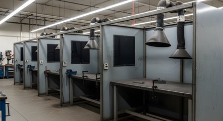 An empty welding workshop or training facility with a row of individual metal booths. Each station is equipped with a workbench, a vise, and an overhead ventilation hood, ready for metalwork.の素材