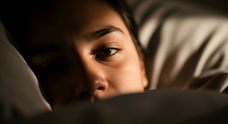 A close-up, dramatic shot of a young woman's eye, wide open in bed in the dark. Her face is partially obscured by covers, and a sliver of light illuminates her eye, suggesting insomnia, fear, or wakefulness.の素材